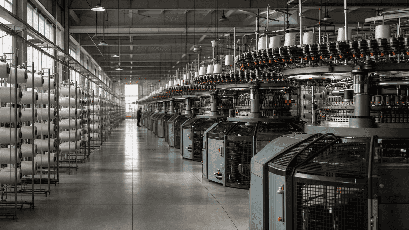 Rows of circular knitting machines inside a modern knitting factory