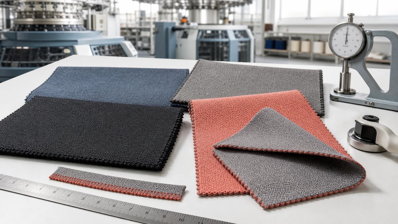 Air-layer finished knit swatches beside GSM, thickness and usable-width inspection tools