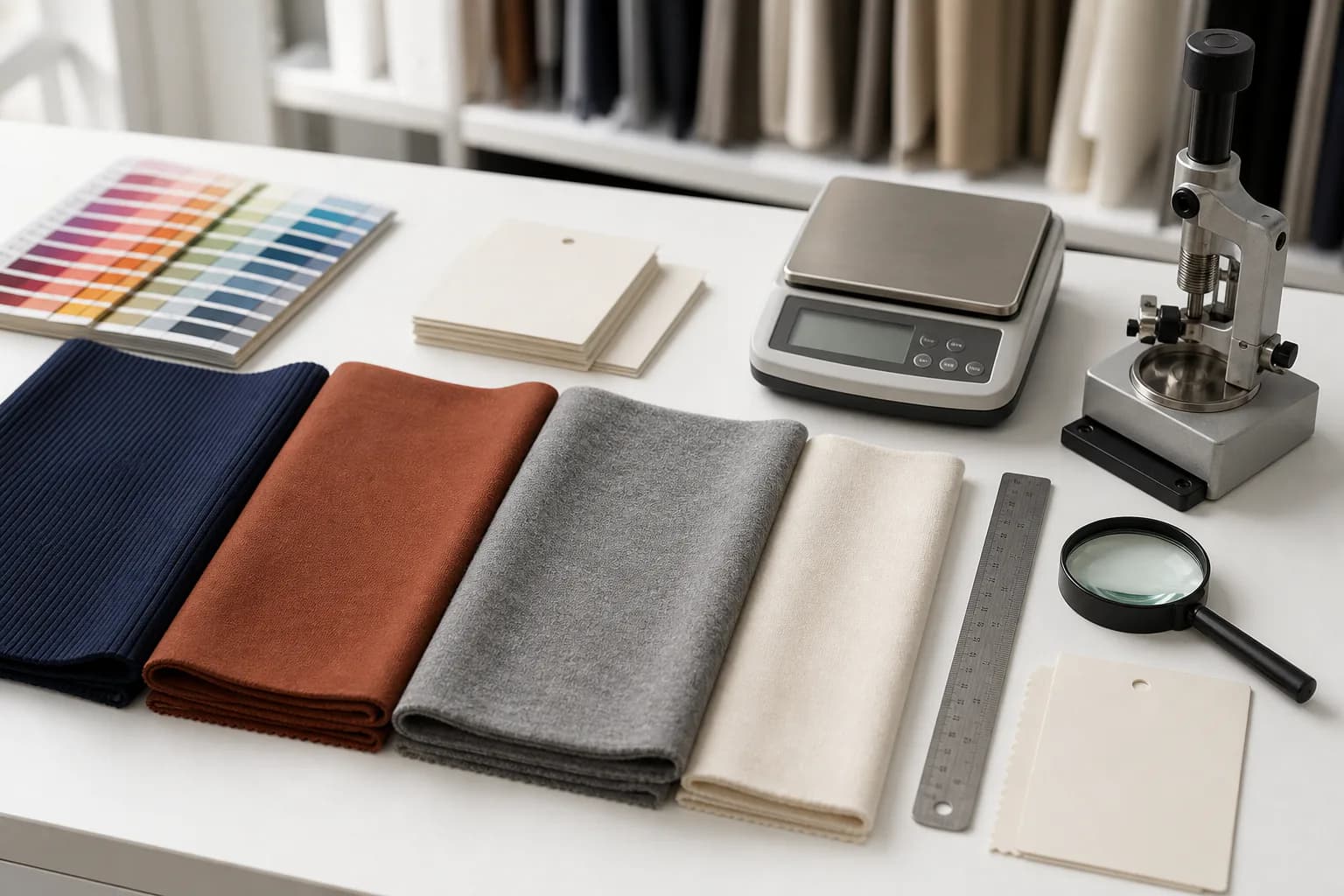 Finished rib, Ponte, air-layer and interlock swatches arranged with fabric inspection tools