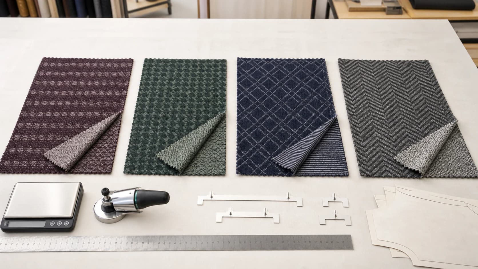 Jacquard knit swatches measured for GSM, usable width and pattern repeat