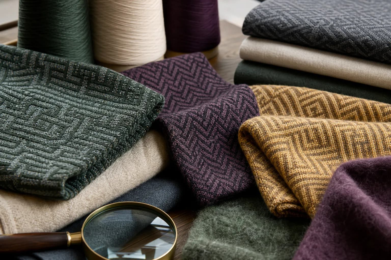 Heathered wool-blend and cashmere-feel finished knit swatches in cream, slate and green