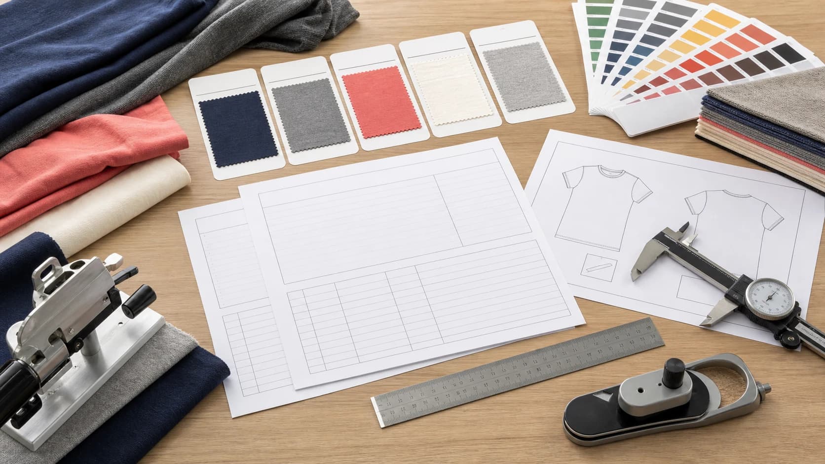 Knit fabric RFQ specification sheet beside labeled finished samples and measuring tools