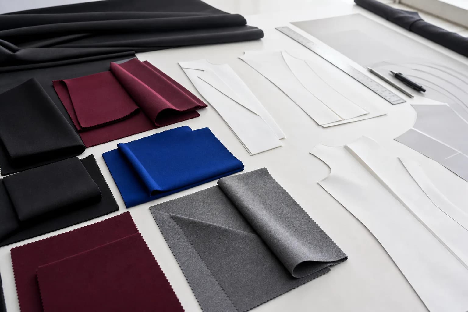 Finished black, burgundy, cobalt and grey Ponte fabric swatches beside tailored pattern pieces