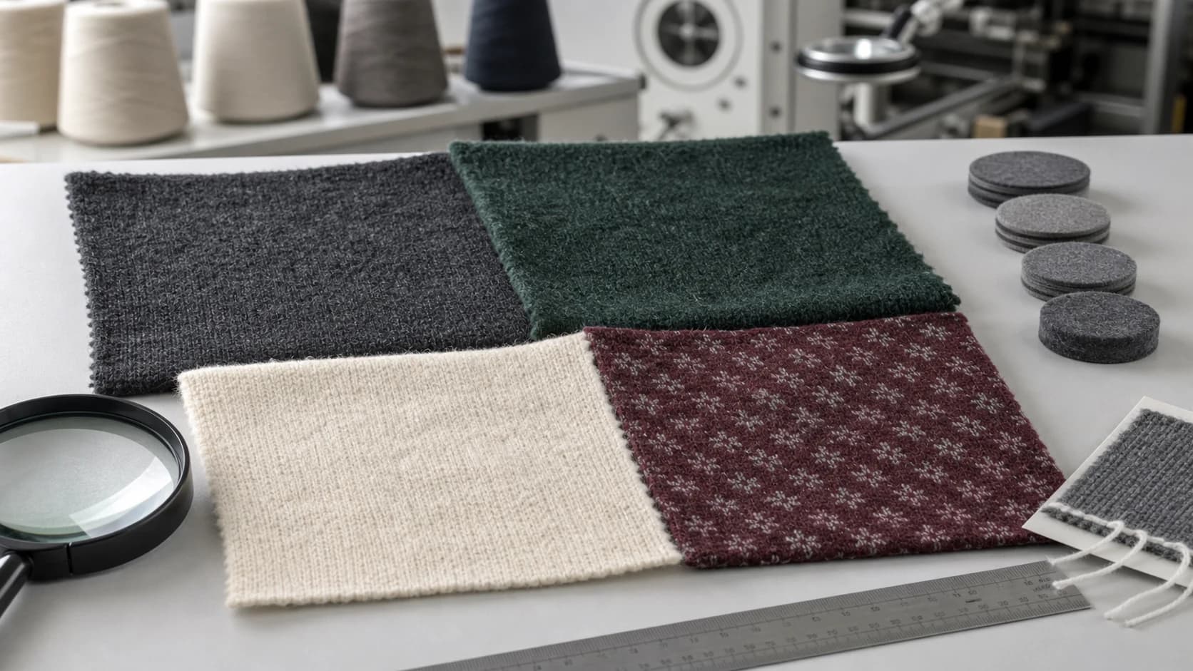 Wool-blend finished knit swatches with fibre, surface and pilling review tools